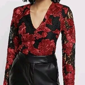 NWT Express Black Red Long Sleeve V Neck Thong Bodysuit  M